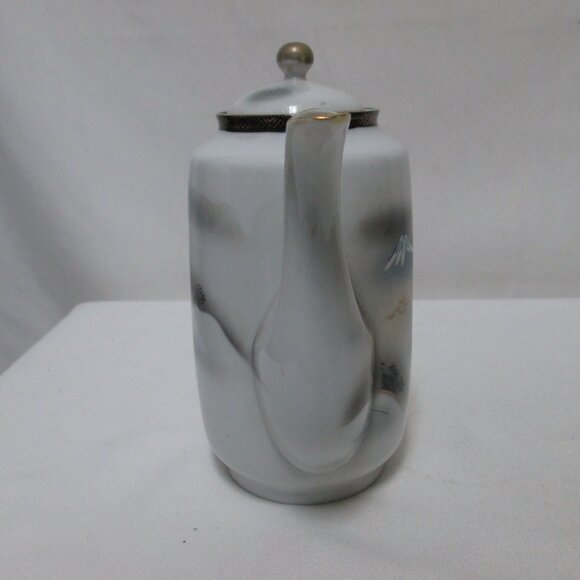 Vintage Porcelain Teapot with Spout Hand-painted Japanese Village 7" tall w/ Lid - Picture 6 of 12